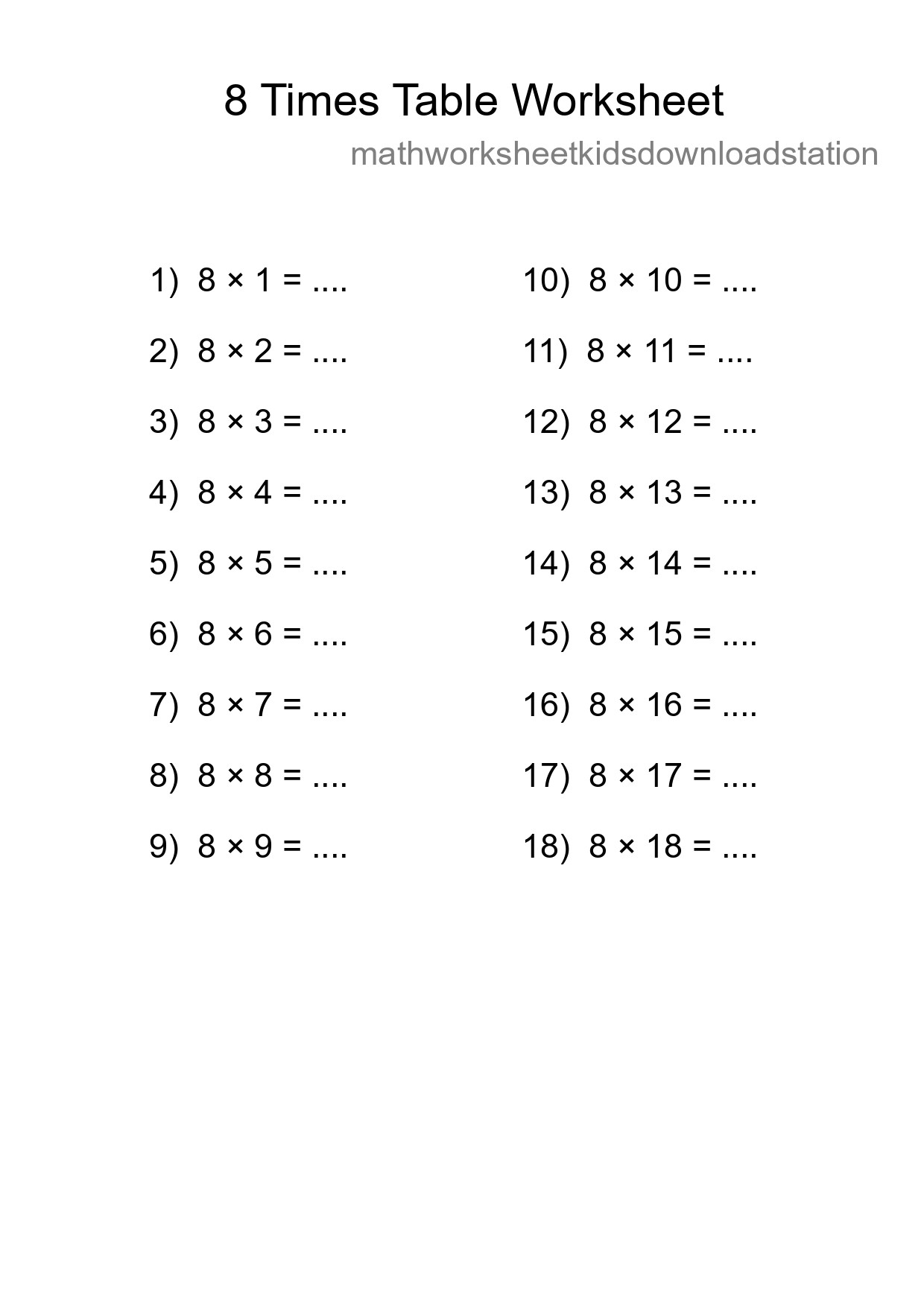 8 Times Table Worksheet For Grade 3 With Answers - Part 229
