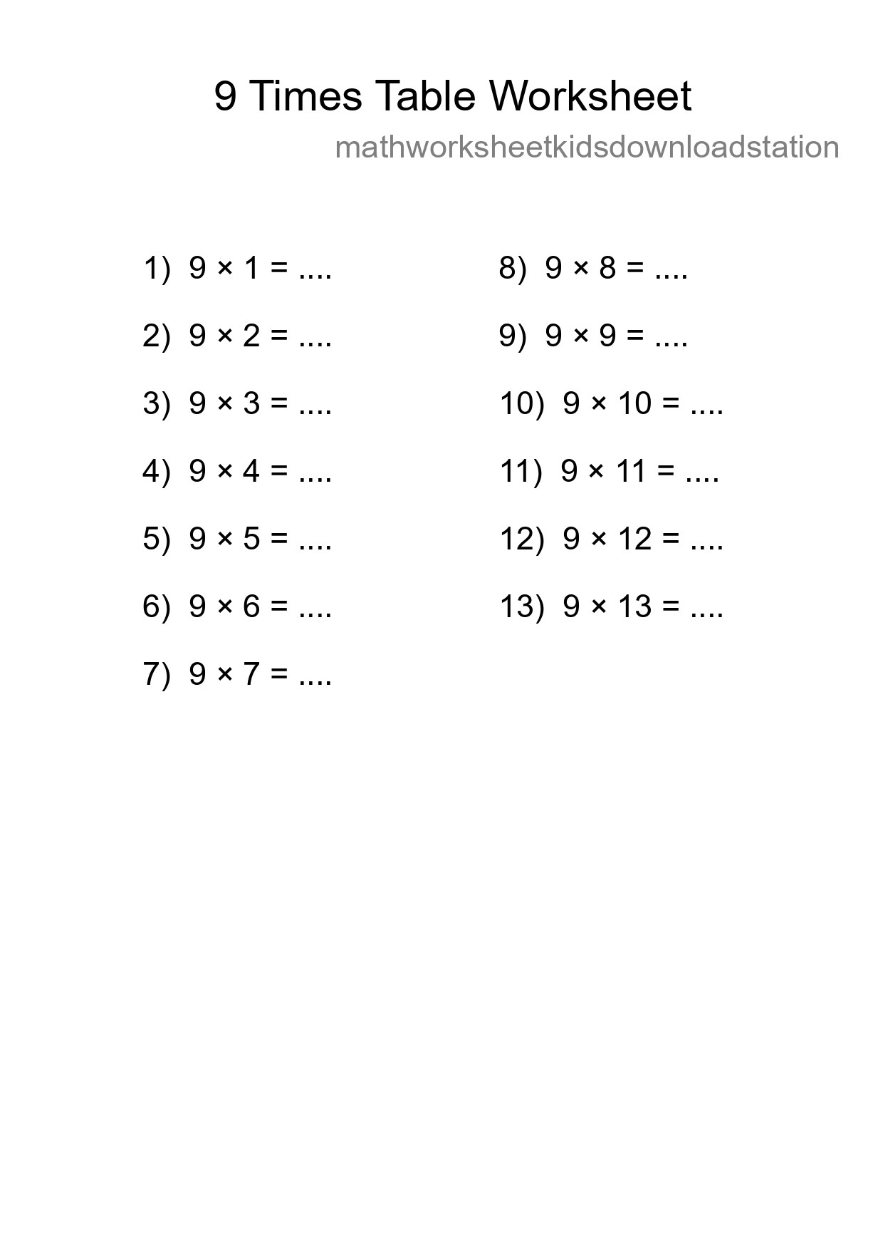 9 Times Table Worksheet For Grade 3 With Answers - Part 152