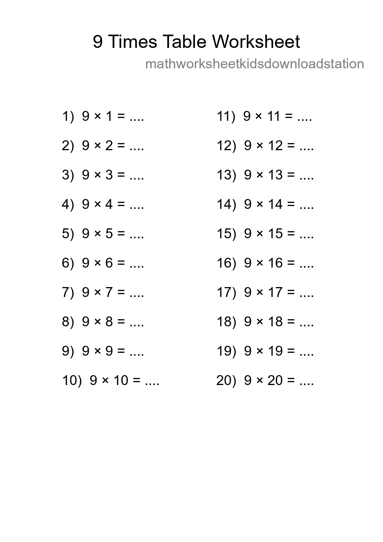 9 Times Table Worksheet For Grade 3 With Answers - Part 185