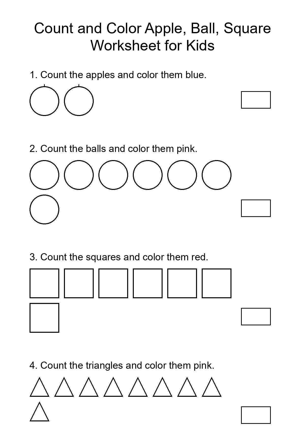 Count and Color Apple, Ball, Square Worksheet for Kids