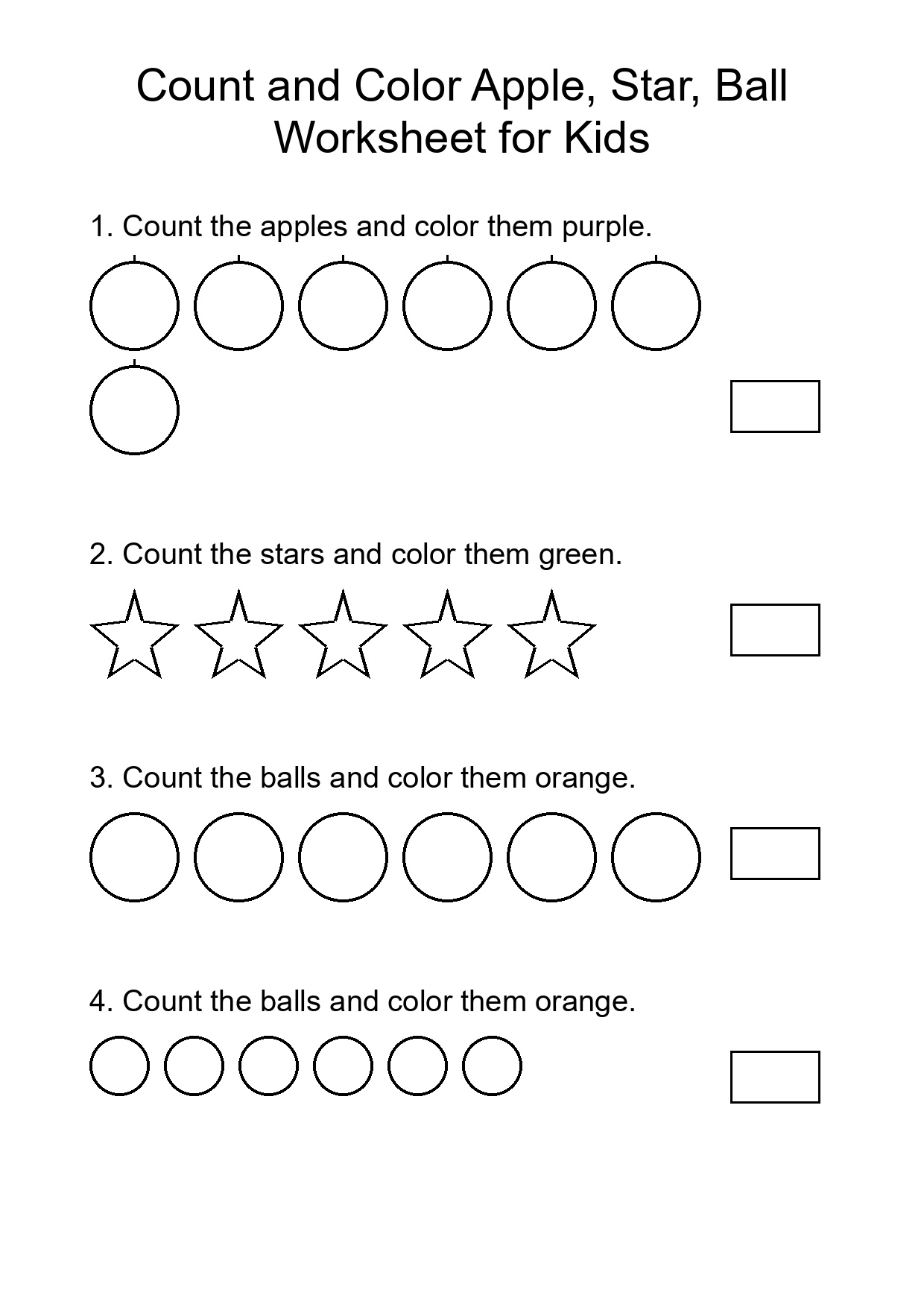 Count and Color Apple, Star, Ball Worksheet for Kids