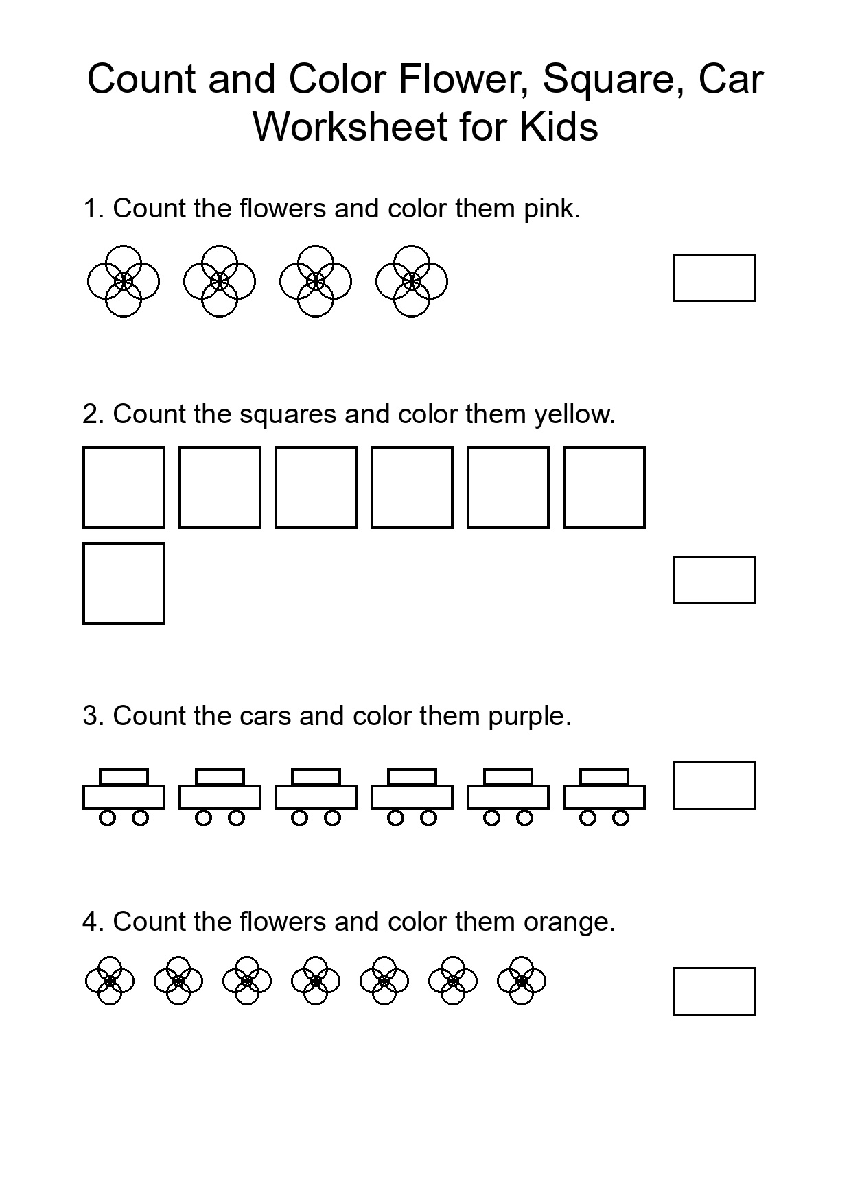 Count and Color Flower, Square, Car Worksheet for Kids