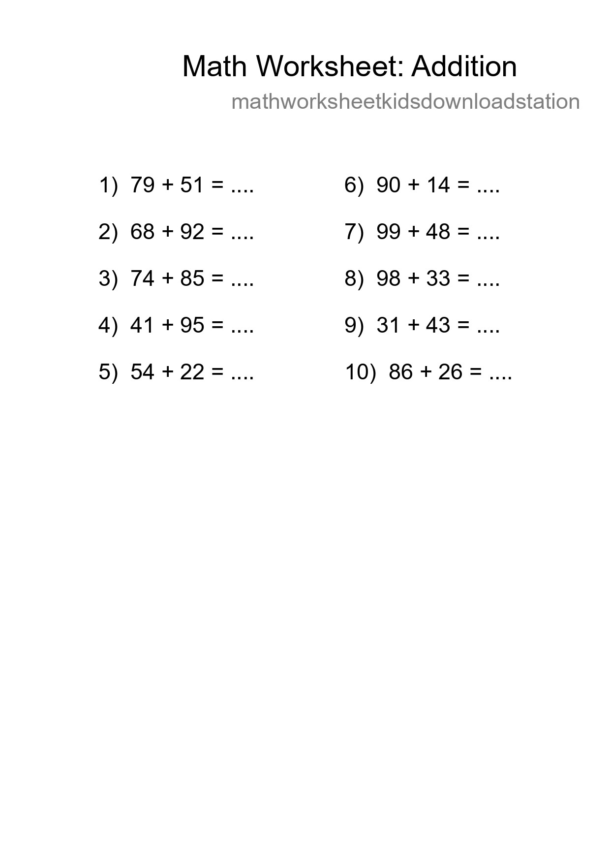 Free 10 Addition Math Worksheet For Grade 3 With Answers - Part 56