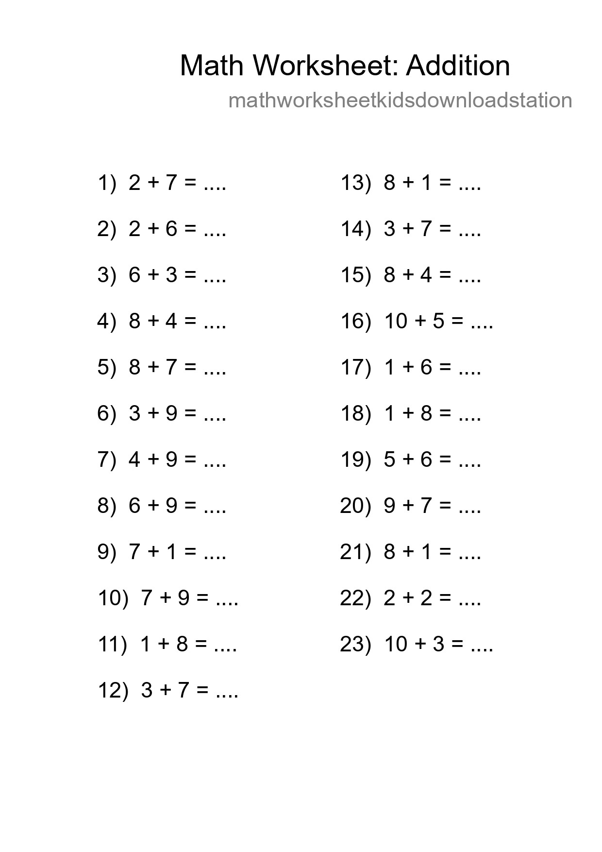 Free 23 Addition Math Worksheet For Grade 1 - Part 199