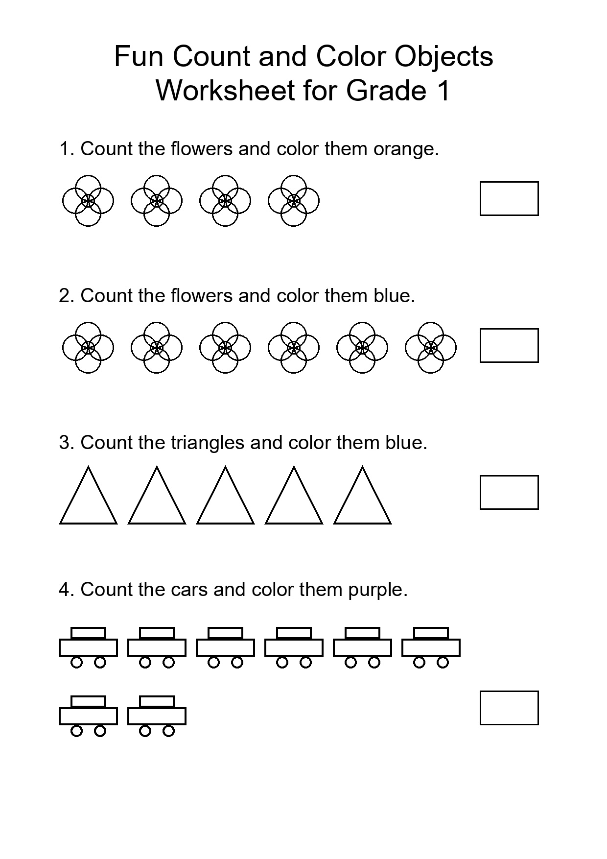 Fun Count and Color Objects Worksheet for Grade 1