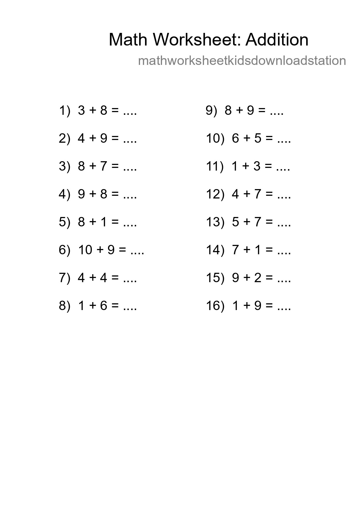 Grade 1 Addition Practice Worksheet (16 Problems) - Part 232