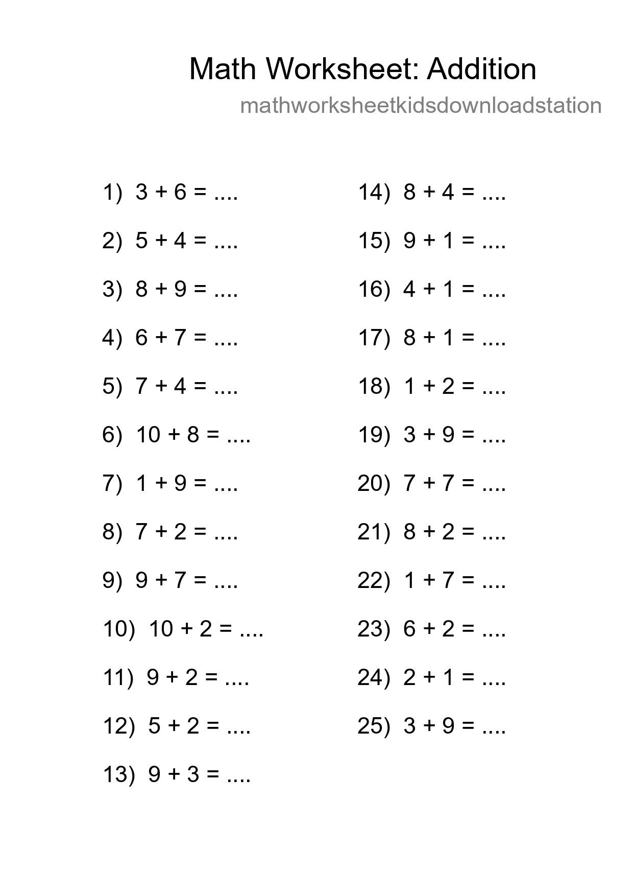 Grade 1 Addition Practice Worksheet (25 Problems) - Part 188