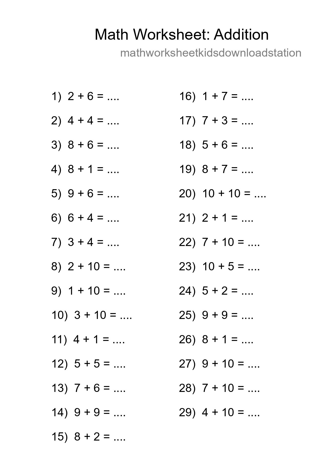 Grade 1 Addition Practice Worksheet (29 Problems) - Part 45