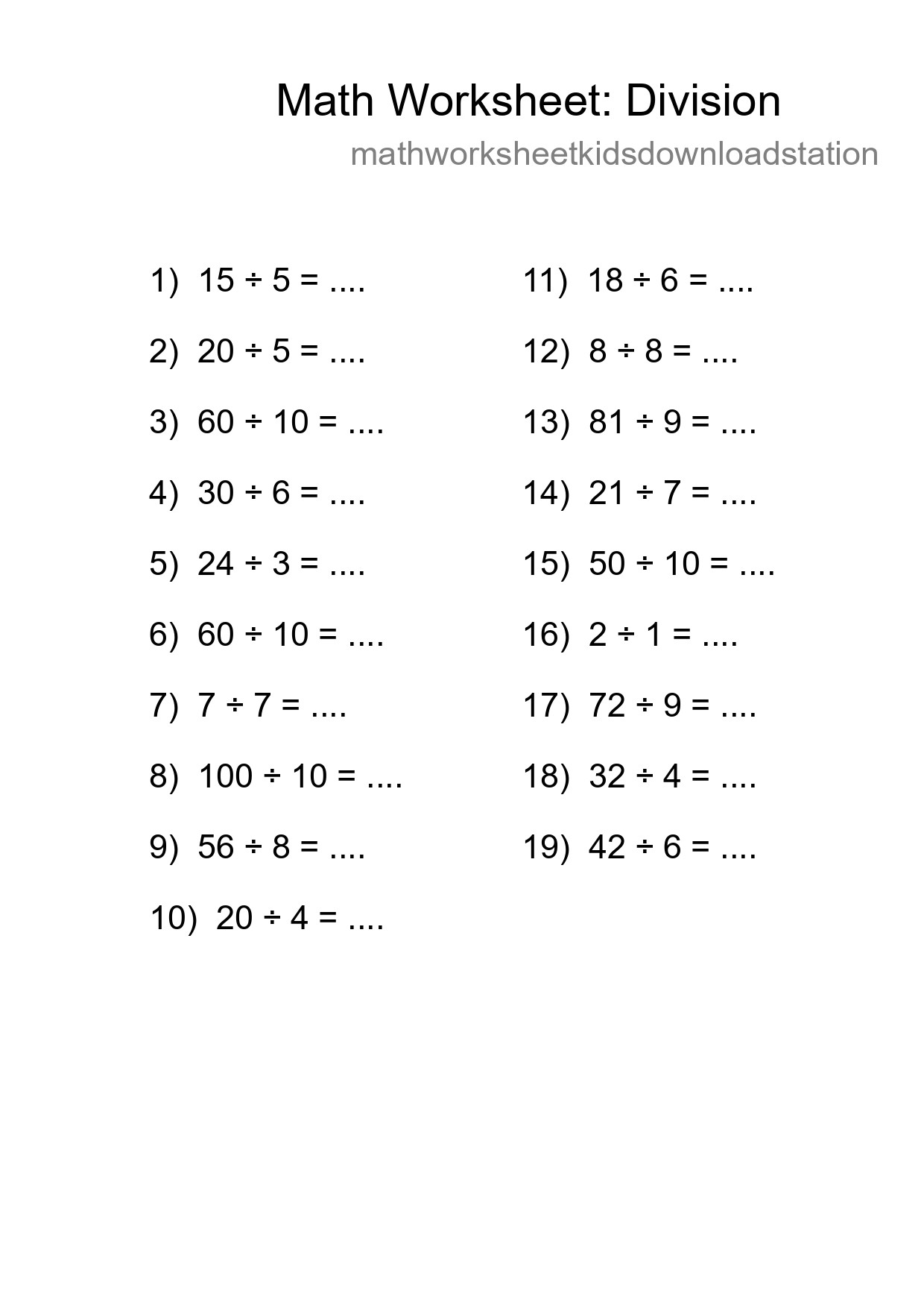 Grade 1 Division Practice Worksheet (19 Problems) - Part 81