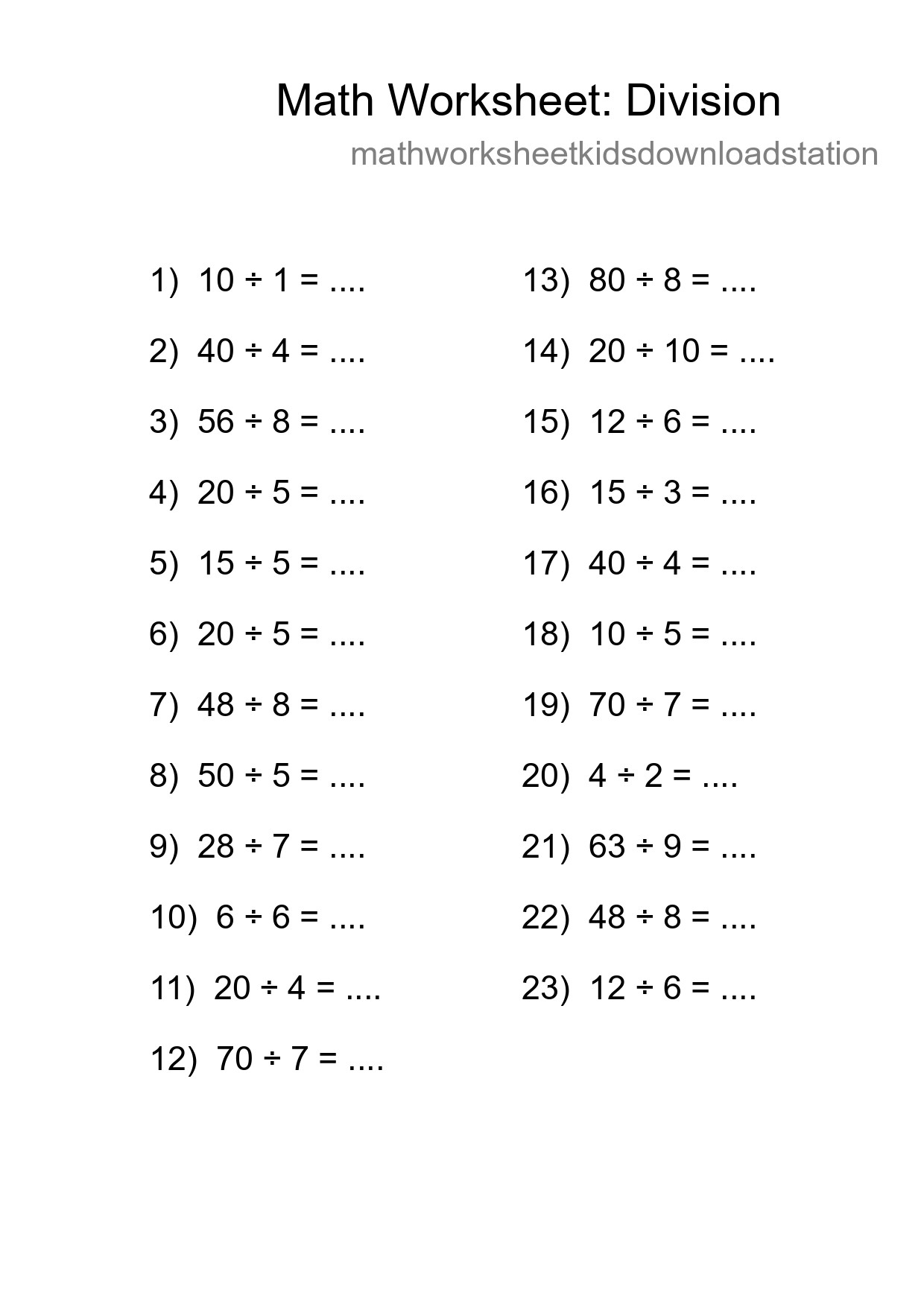 Grade 1 Division Practice Worksheet (23 Problems) - Part 37