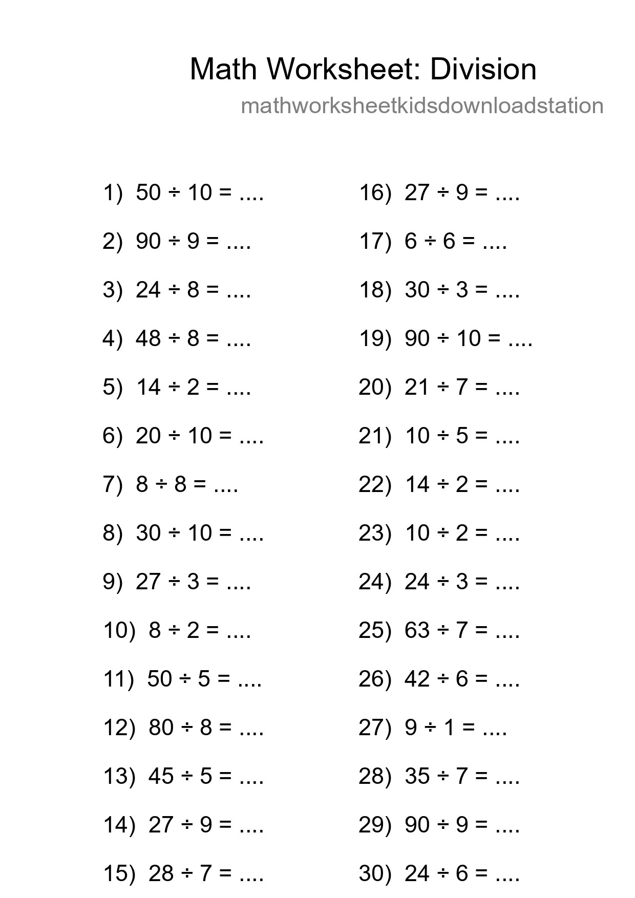 Grade 1 Division Practice Worksheet (30 Problems) - Part 92