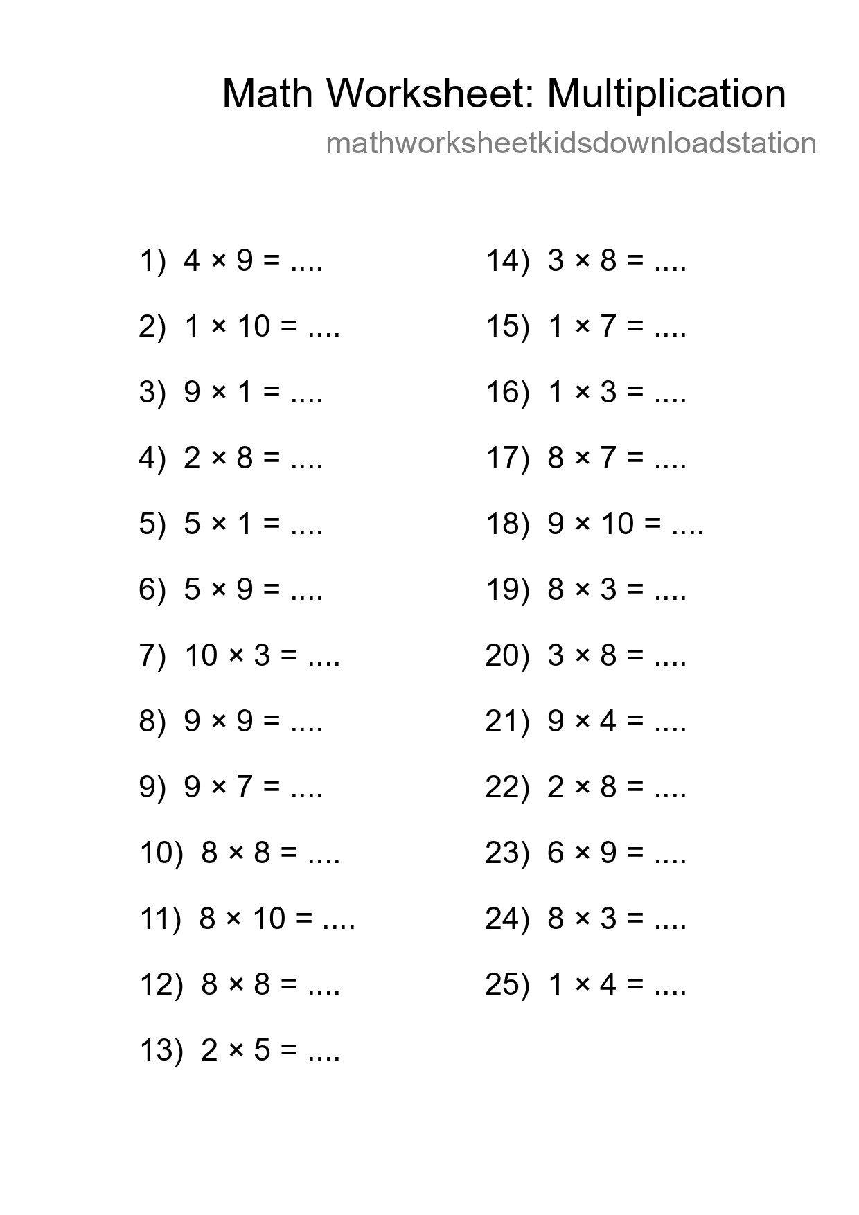 Grade 1 Multiplication Practice Worksheet (25 Problems) - Part 51