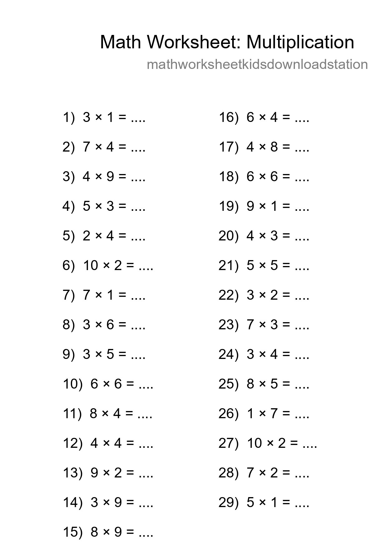 Grade 1 Multiplication Practice Worksheet (29 Problems) - Part 227