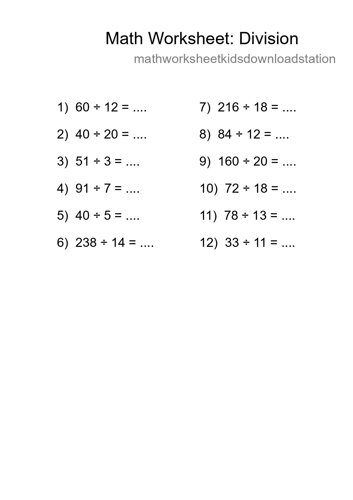 Grade 2 Division Practice Worksheet (12 Problems) - Part 147