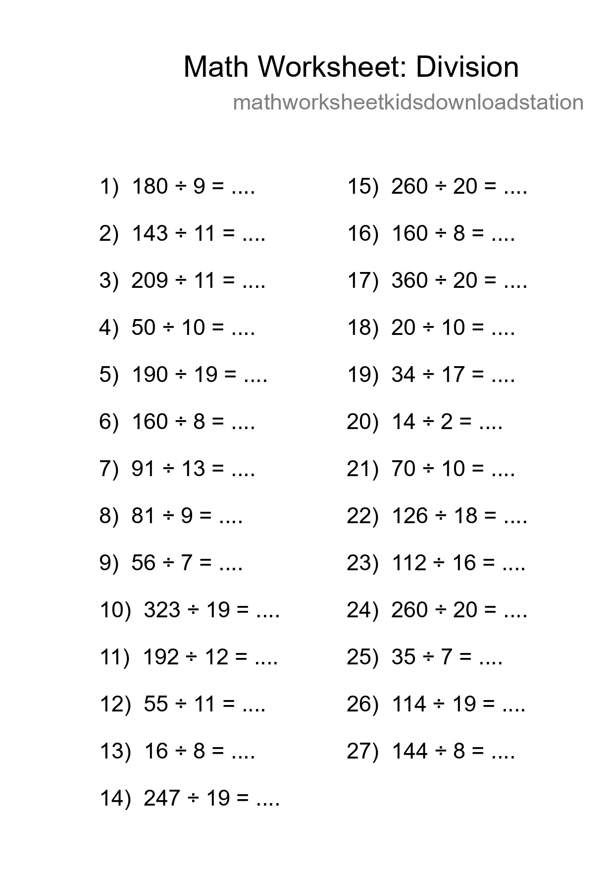 Grade 2 Division Practice Worksheet (27 Problems) - Part 26
