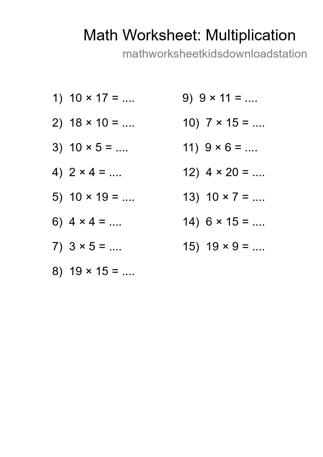 Grade 2 Multiplication Practice Worksheet (15 Problems) - Part 40