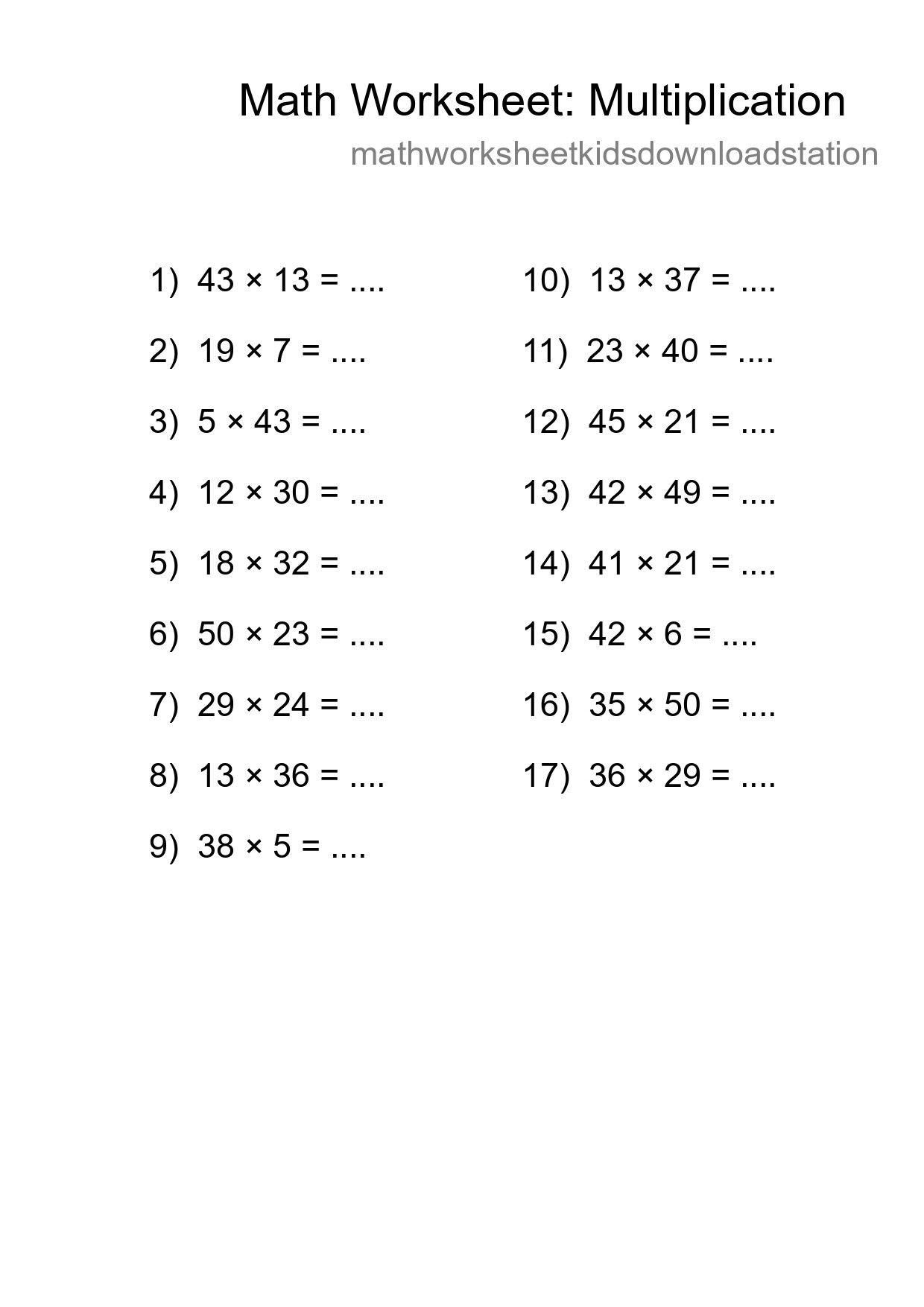 Grade 2 Multiplication Practice Worksheet (17 Problems) - Part 172