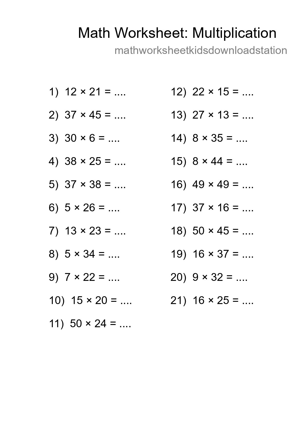 Grade 2 Multiplication Practice Worksheet (21 Problems) - Part 73
