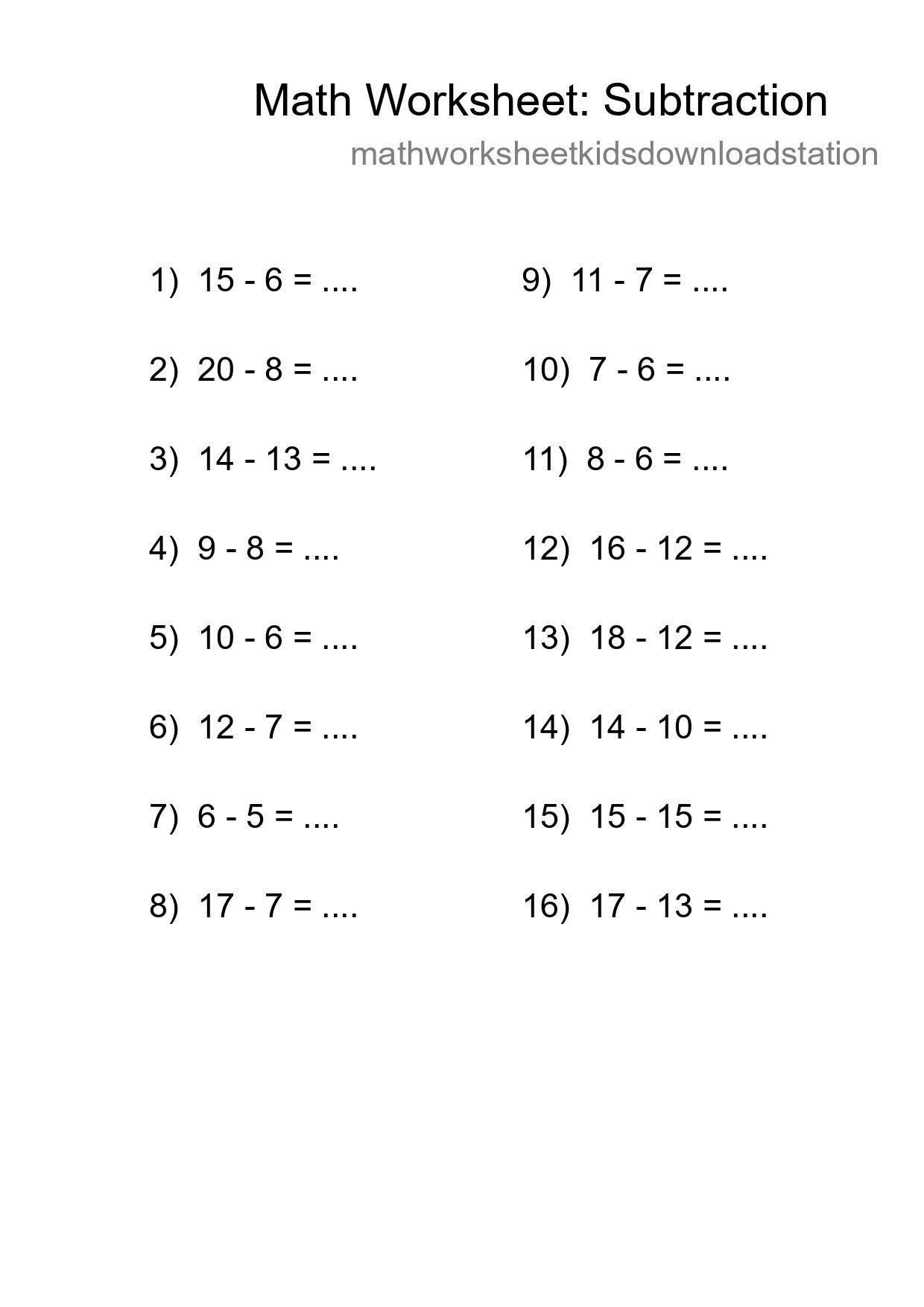 Grade 2 Subtraction Practice Worksheet (16 Problems) - Part 19