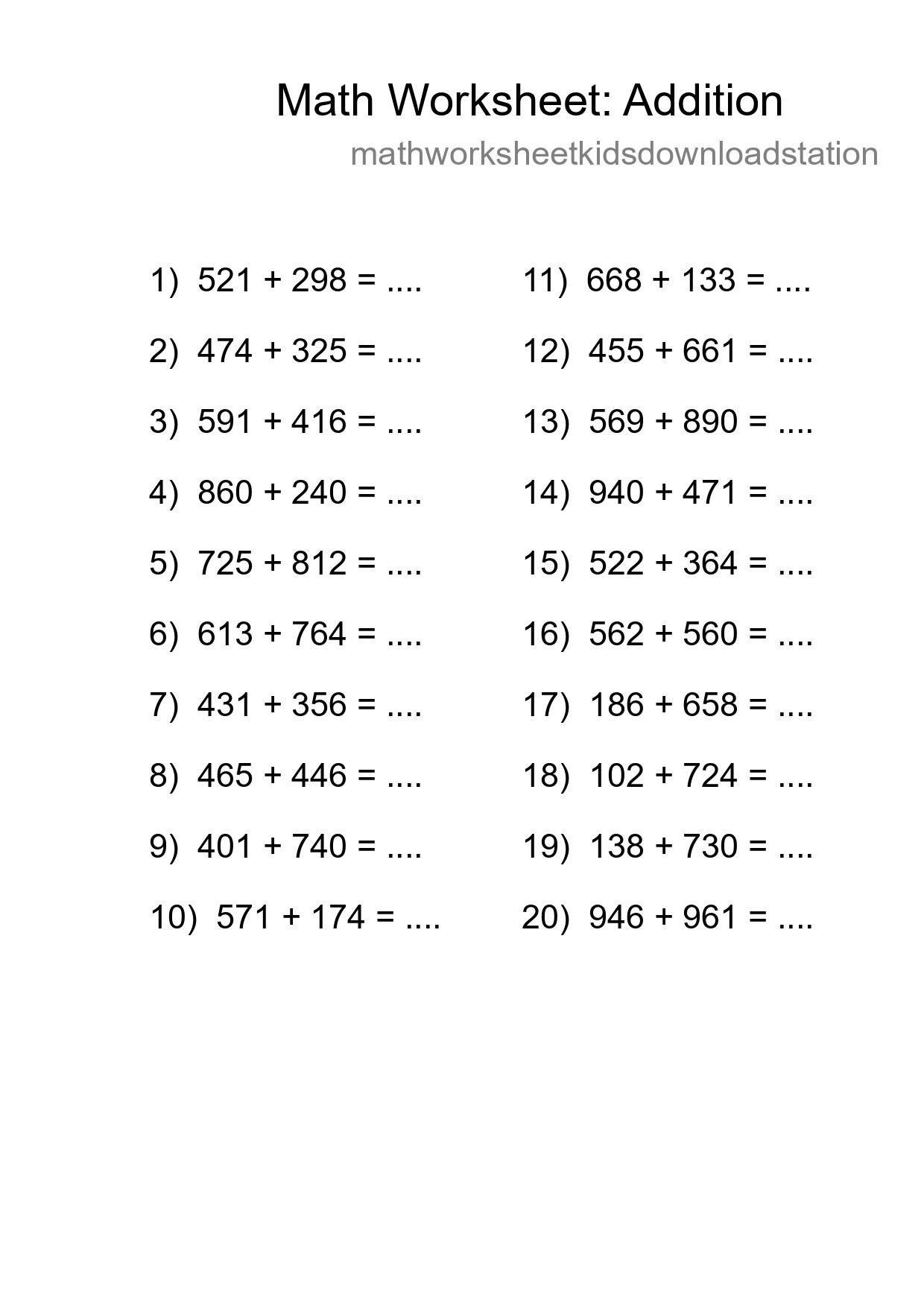 Grade 5 Addition Practice Worksheet (20 Problems) - Part 89