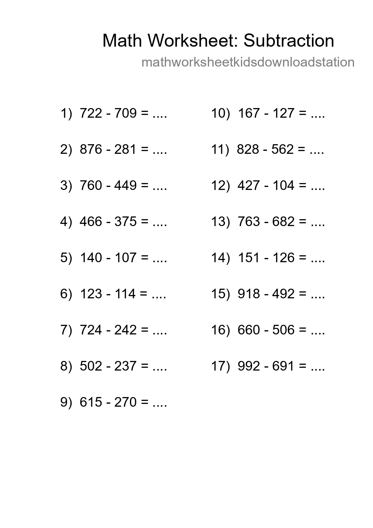 Grade 5 Subtraction Practice Worksheet (17 Problems) - Part 52