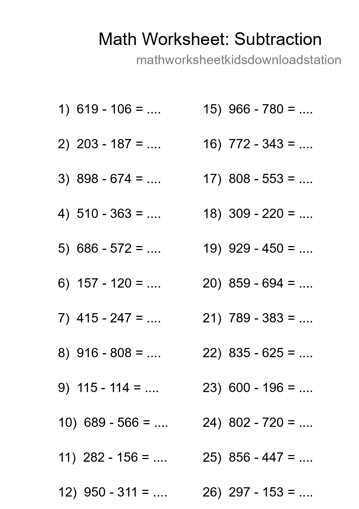 Grade 5 Subtraction Practice Worksheet (27 Problems) - Part 250