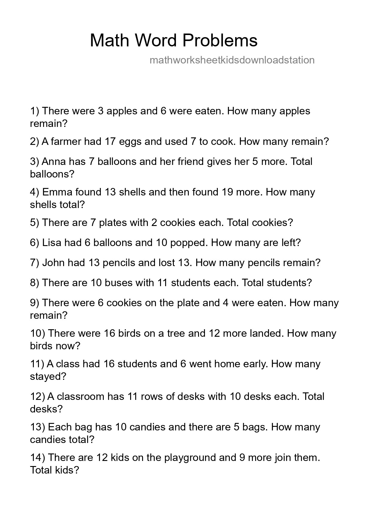 Math Word Problem Worksheet