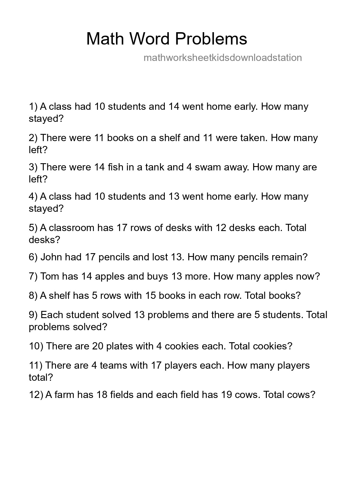Math Word Problem Worksheet