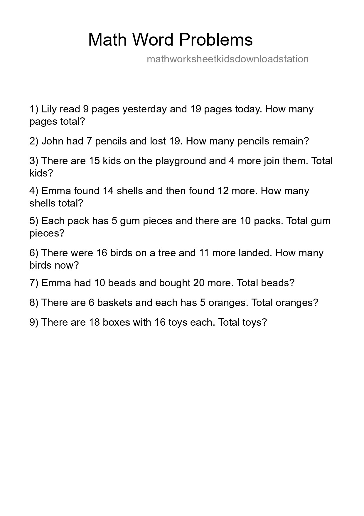 Math Word Problem Worksheet