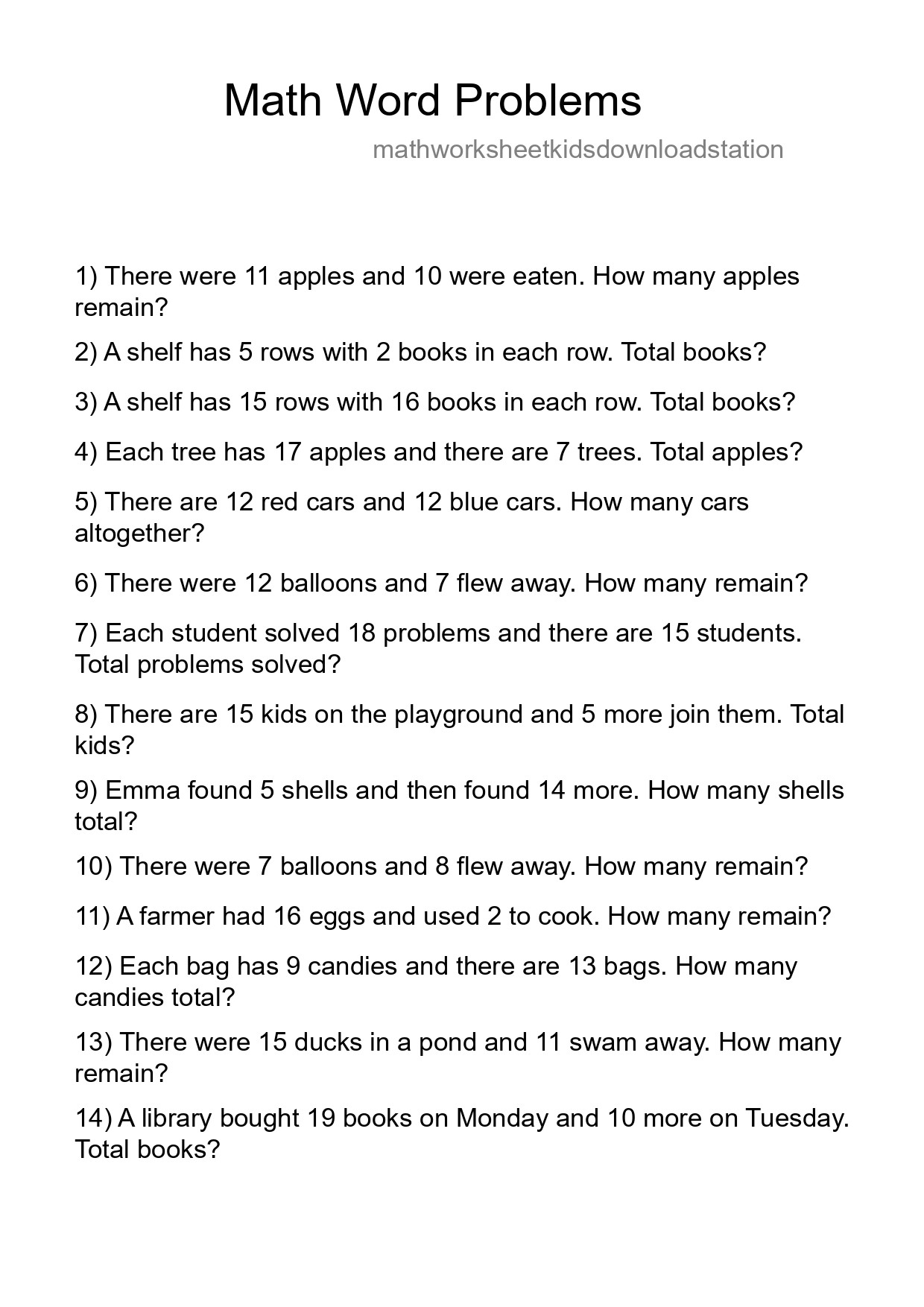 Math Word Problem Worksheet