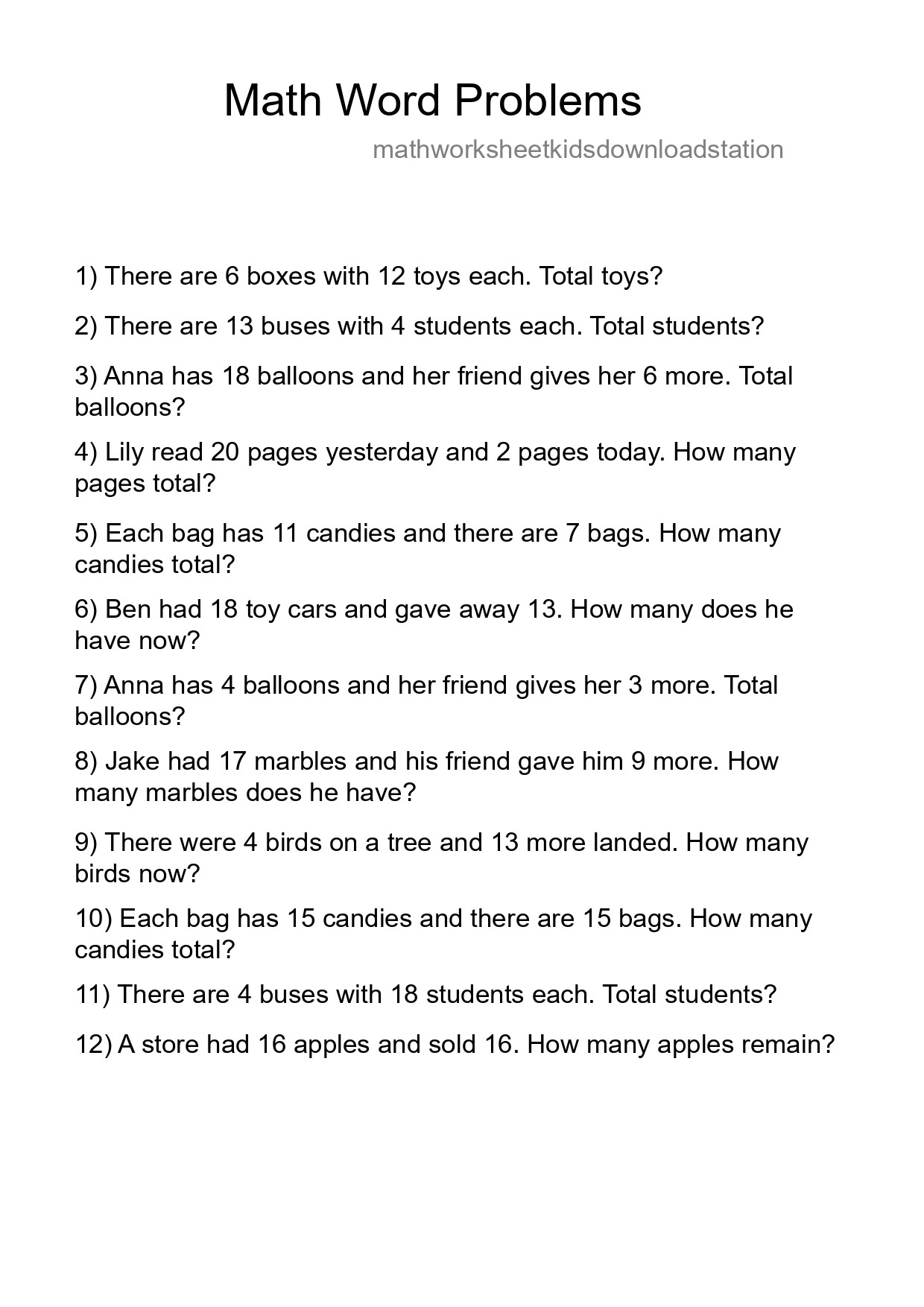 Math Word Problem Worksheet
