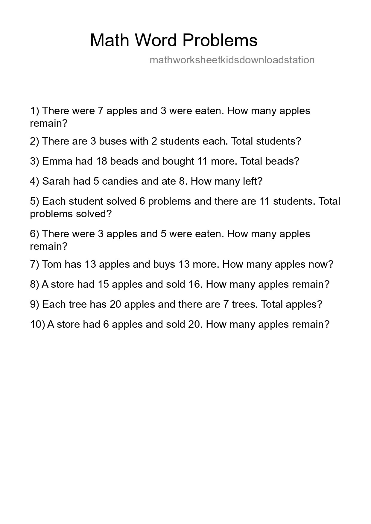 Math Word Problem Worksheet