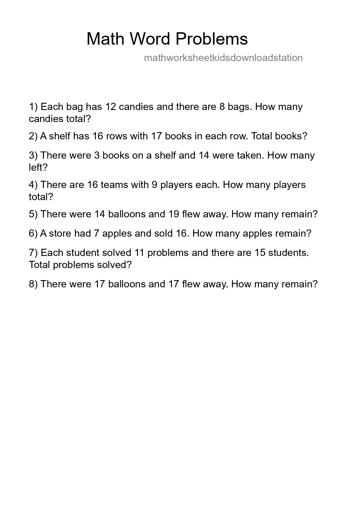 Math Word Problem Worksheet