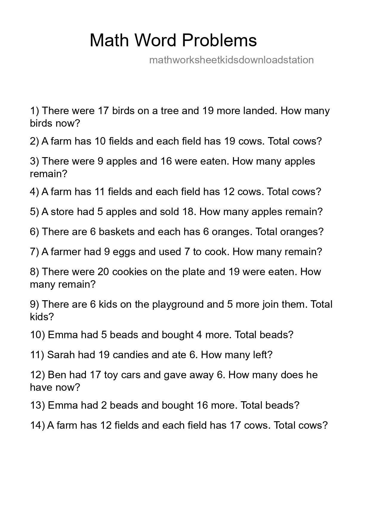 Math Word Problem Worksheet