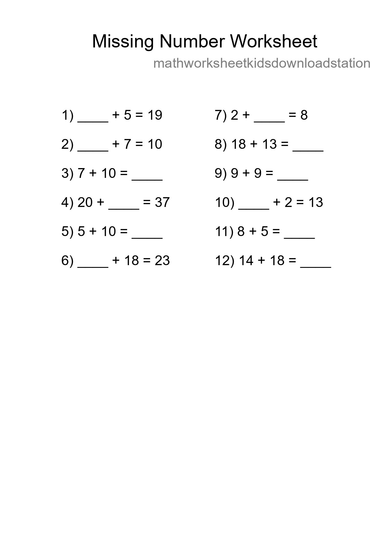 Missing Number Math Worksheet