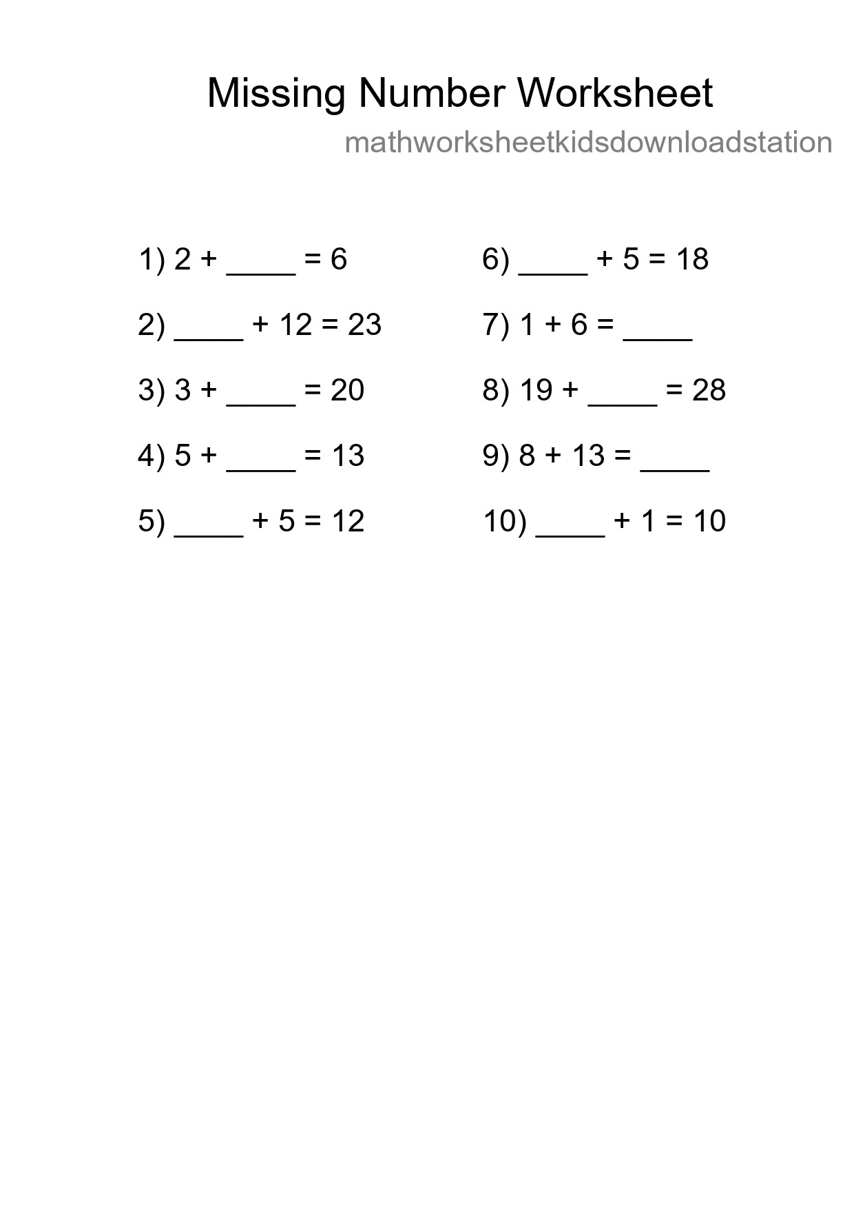 Missing Number Math Worksheet