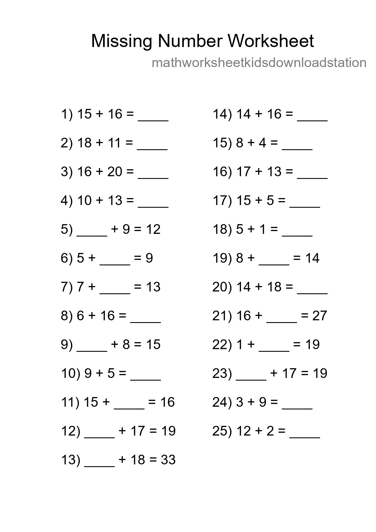 Missing Number Math Worksheet
