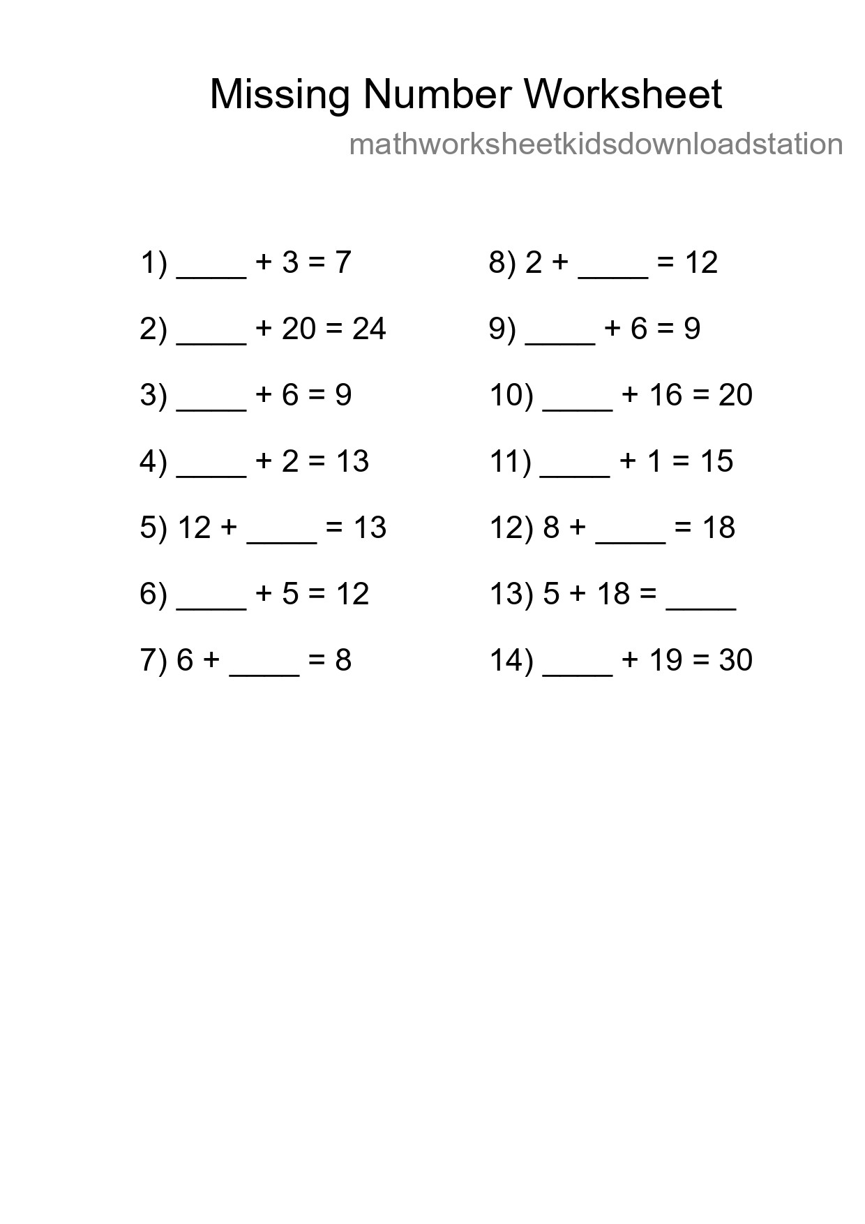 Missing Number Math Worksheet