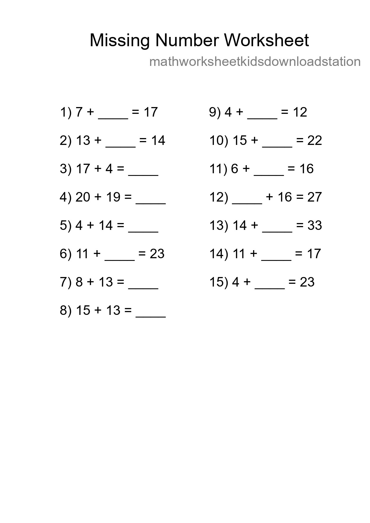 Missing Number Math Worksheet