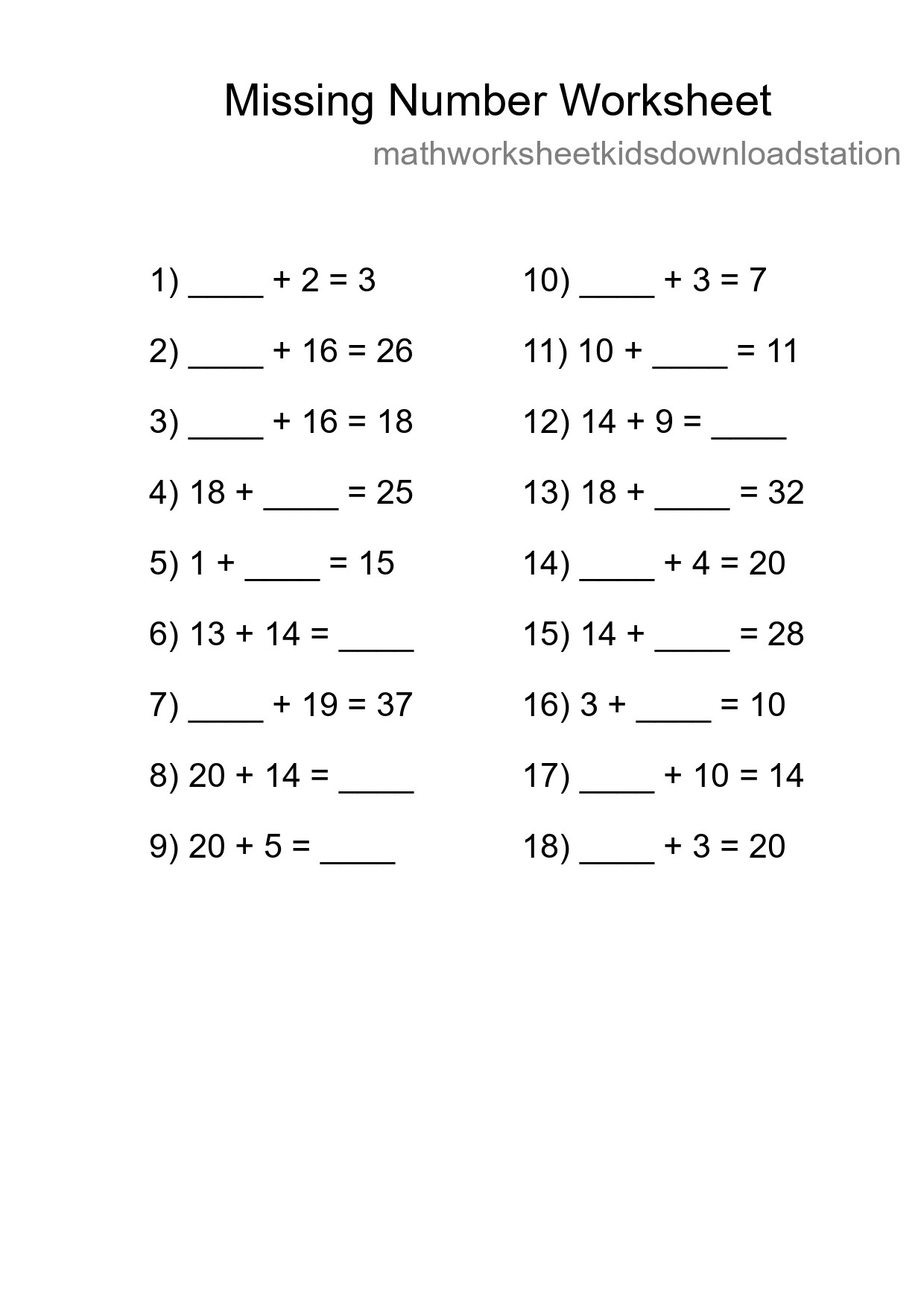 Missing Number Math Worksheet