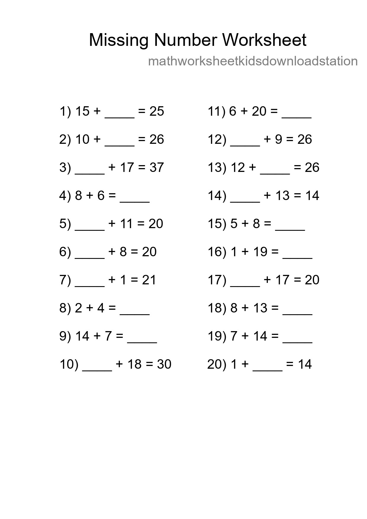 Missing Number Math Worksheet