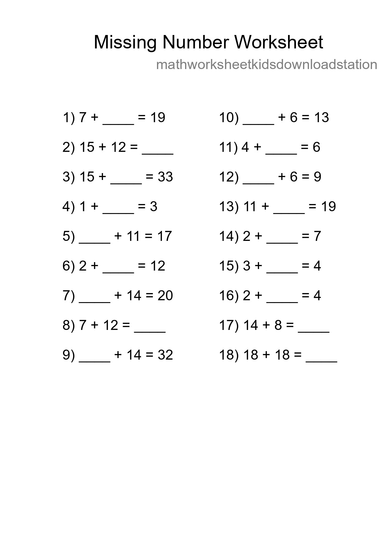 Missing Number Math Worksheet