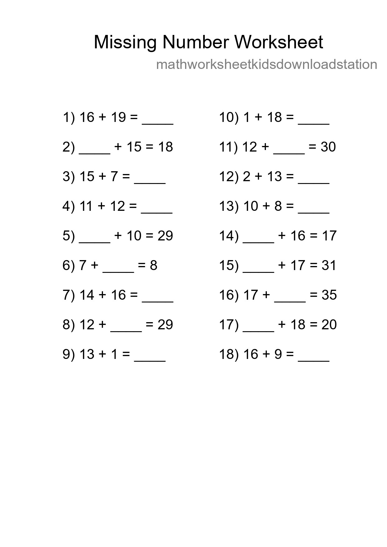 Missing Number Math Worksheet