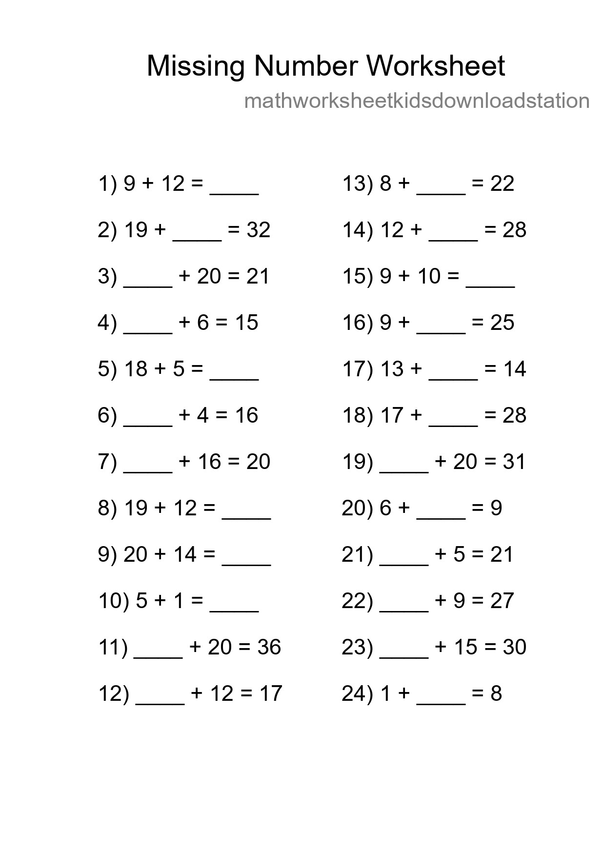 Missing Number Math Worksheet