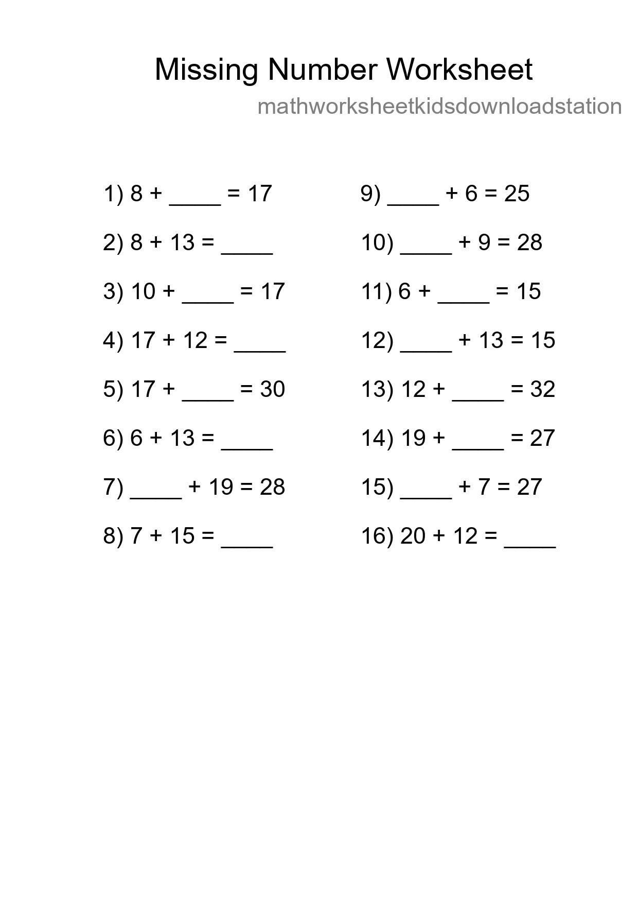 Missing Number Math Worksheet