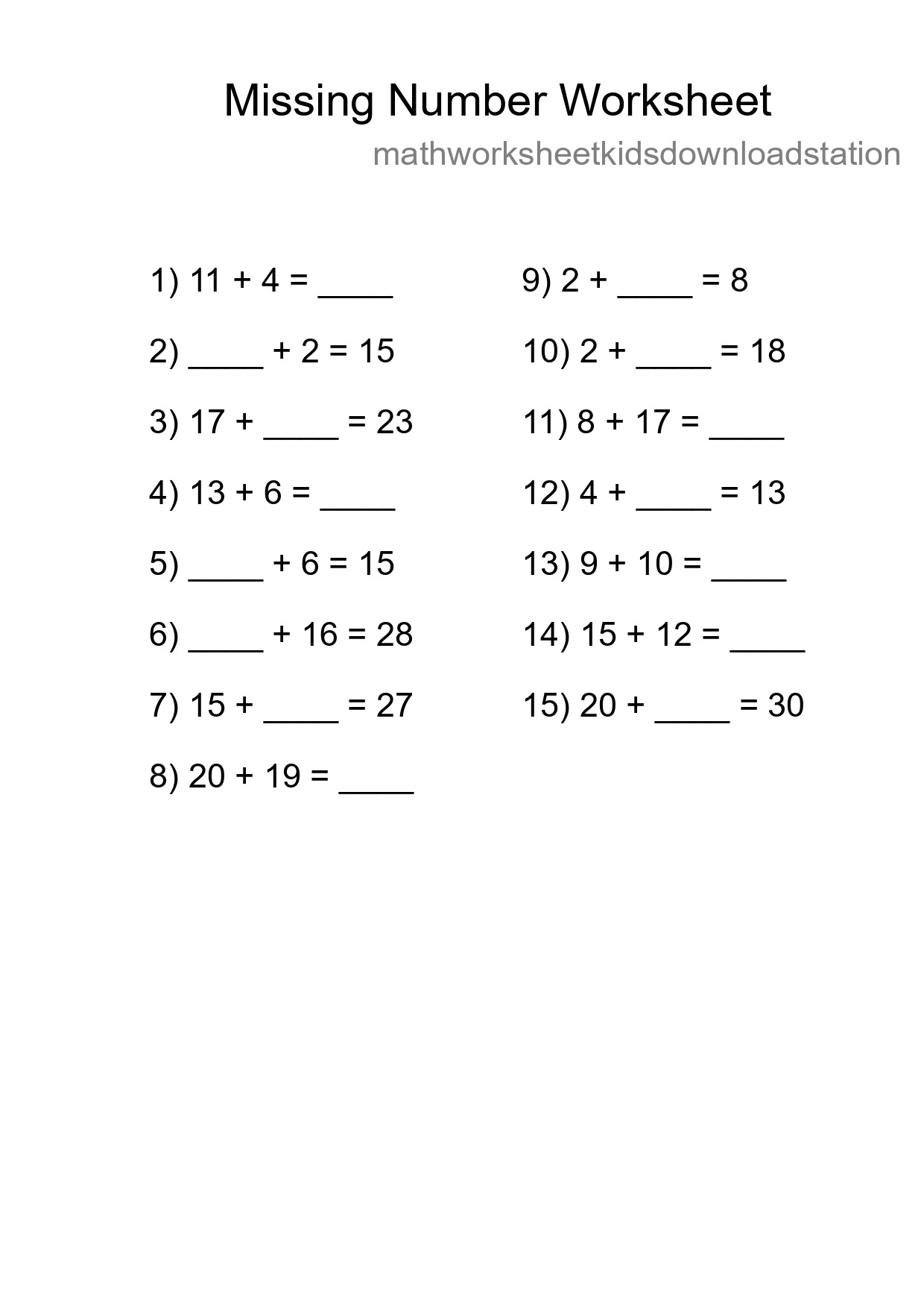 Missing Number Math Worksheet