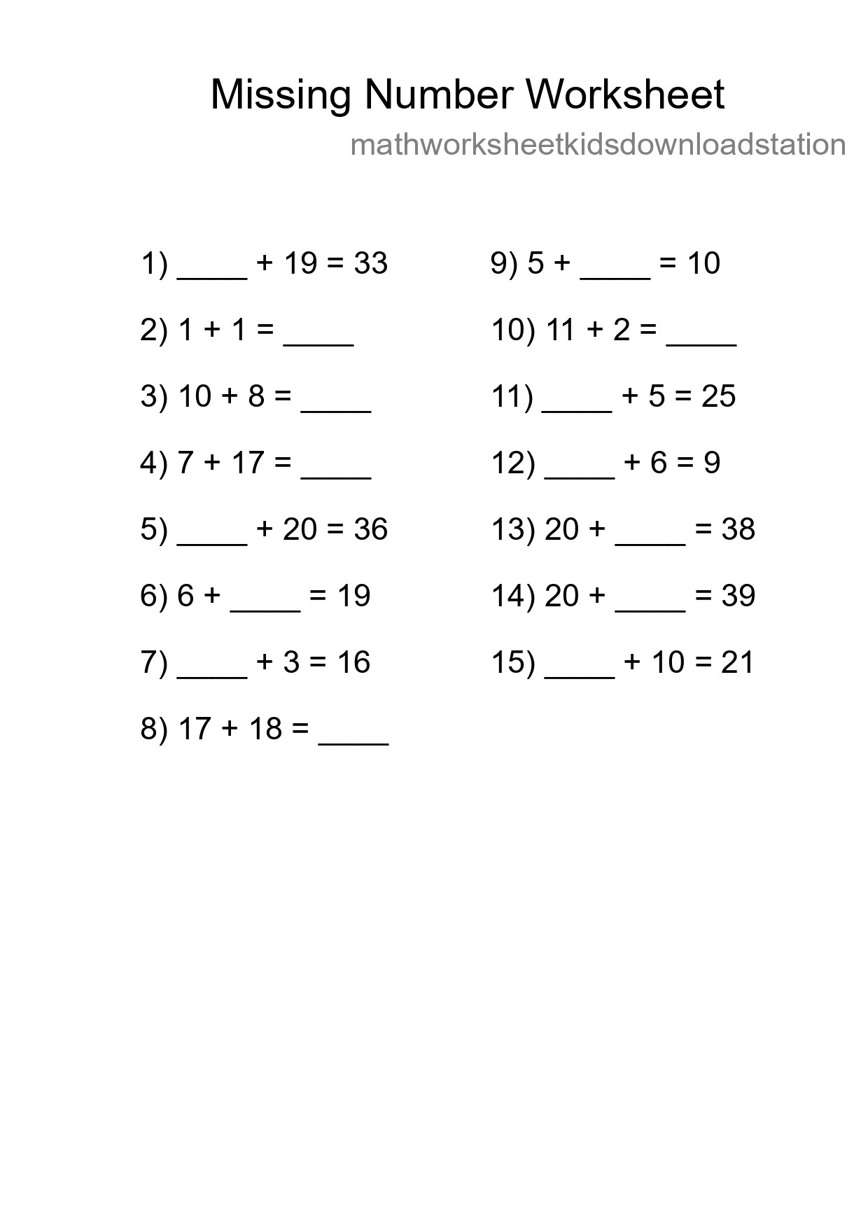 Missing Number Math Worksheet
