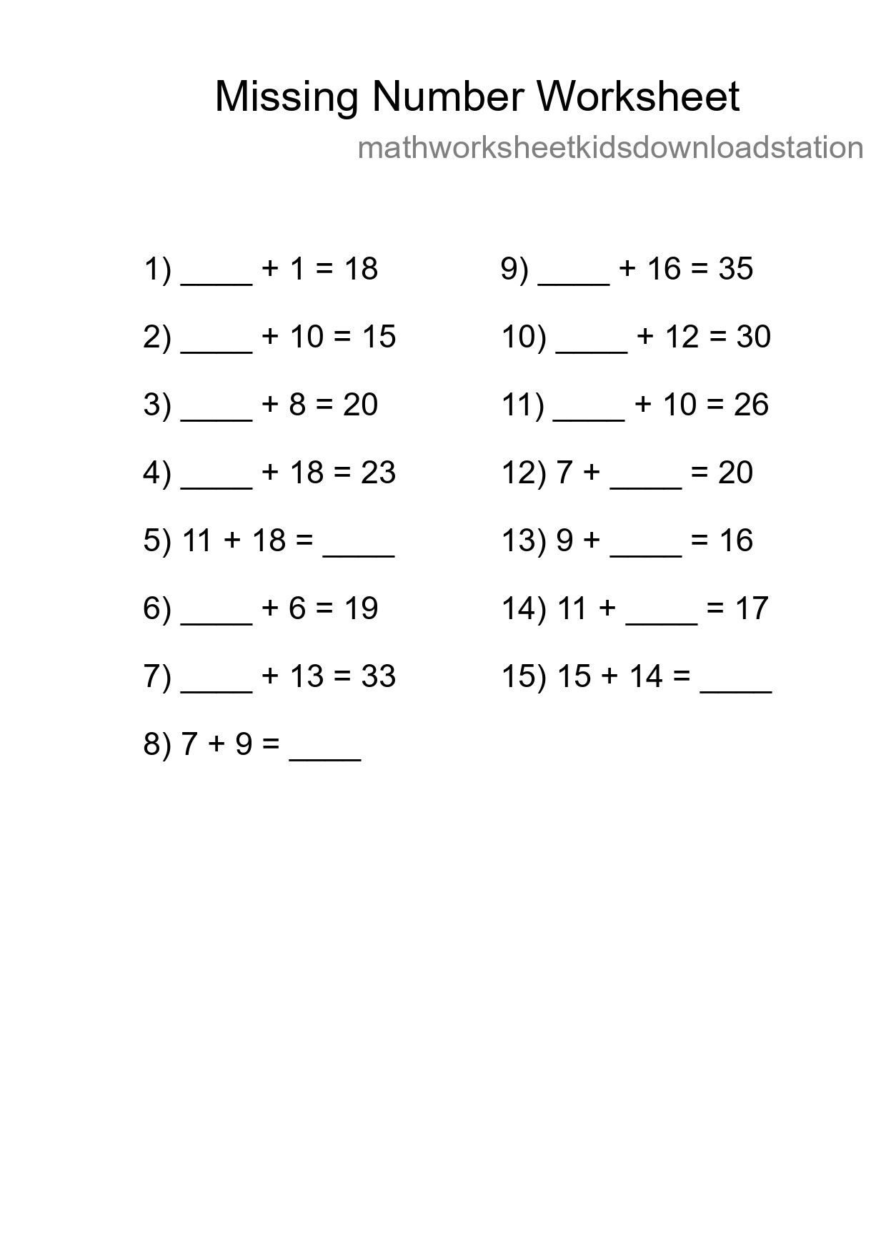 Missing Number Math Worksheet