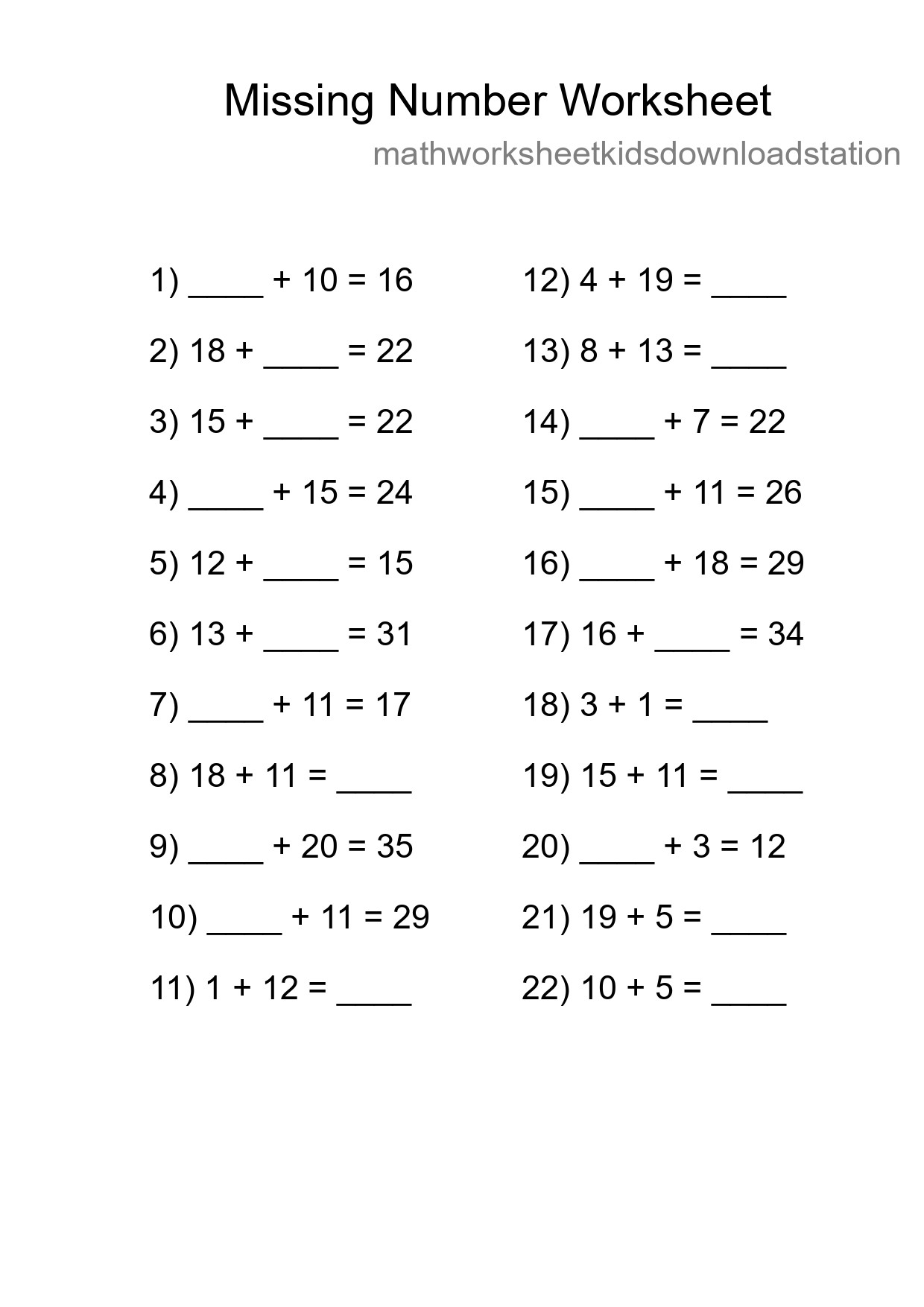 Missing Number Math Worksheet
