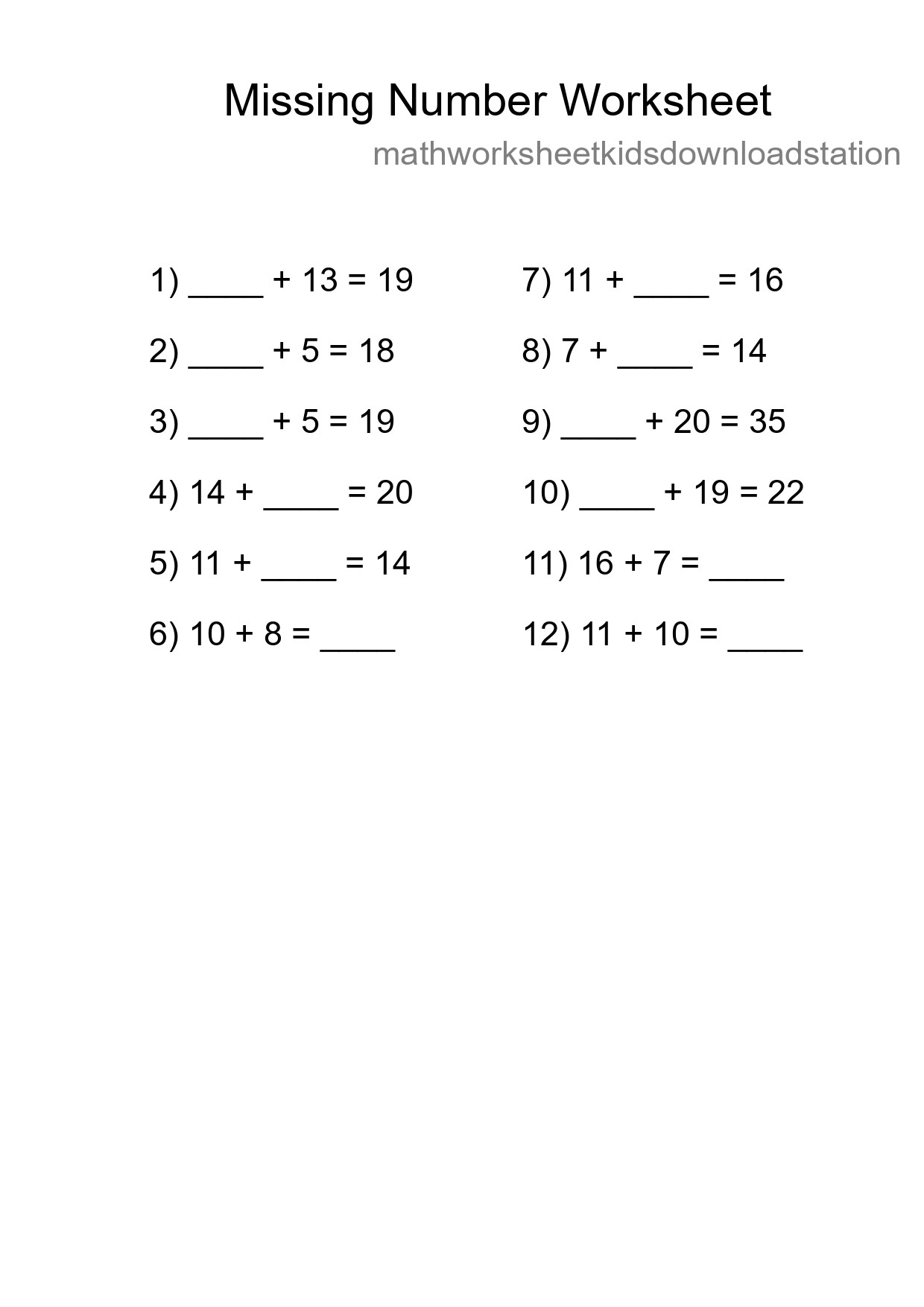 Missing Number Math Worksheet